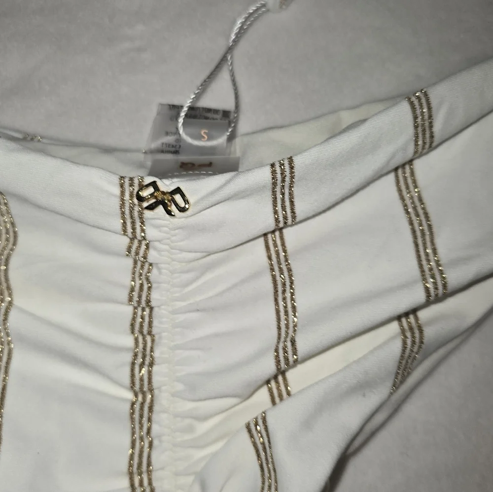 PQ Swim Golden Stripe Basic Ruched Bottom Teeny Size Small Cheeky Cut Bikini